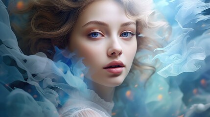 Poster - A woman with blue eyes standing amidst swirling smoke. This image can be used to create a mysterious or ethereal atmosphere in various projects