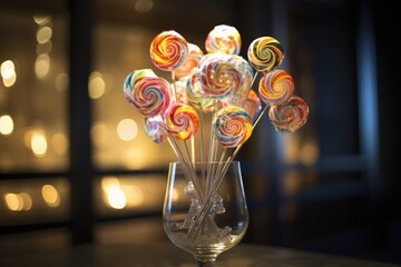 Poster - A glass filled with lots of colorful lollipops. Perfect for sweet treats and candy-themed designs