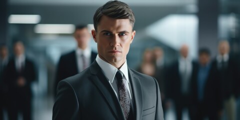 Poster - A man in a suit standing confidently in front of a group of people. Suitable for business and leadership concepts