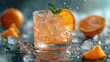 a close up of a glass of water with an orange slice on the rim and ice cubes around the glass and a few pieces of oranges in the background.