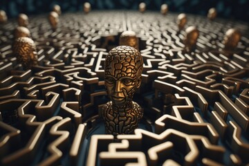 Poster - Group of gold statues in a maze. Perfect for illustrating concepts such as mystery, exploration, and finding your way