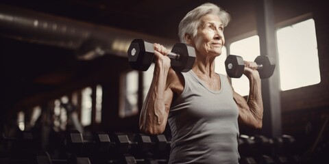 Poster - An older woman is shown lifting a pair of dumbbells in a gym. This image can be used to depict fitness, exercise, and active lifestyles