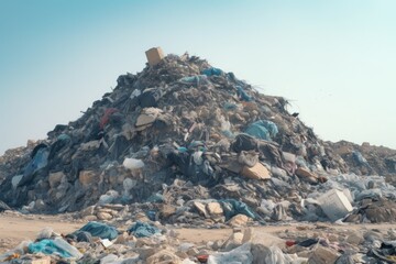 Poster - A pile of garbage sitting on top of a sandy beach. Perfect for illustrating pollution and environmental issues.