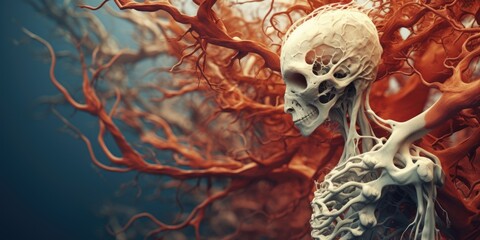 Poster - A skeleton standing in front of a vibrant red tree. This image can be used for Halloween-themed designs or to represent death and the cycle of life