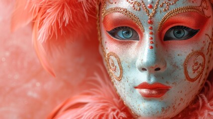 Wall Mural -  a close up of a woman's face wearing a white mask with pink feathers on top of her head.