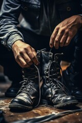 Aufkleber - A man is shown tying up a pair of black boots. This image can be used for fashion, outdoor activities, or work-related themes