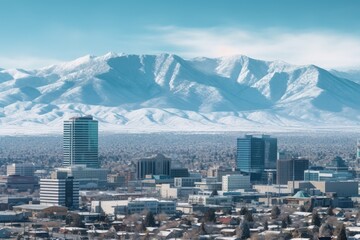 Poster - A picturesque view of a city with majestic mountains in the background. This image can be used to showcase the beauty of urban landscapes surrounded by natural scenery