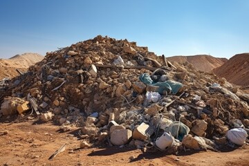Poster - A pile of garbage sitting on top of a dirt field. Suitable for illustrating environmental pollution and waste management issues