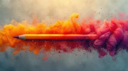 Poster -  a pencil with colored smoke coming out of it on a blue and gray background with a yellow pencil in the middle of the image.