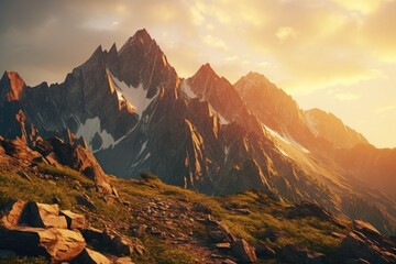 Aufkleber - A picturesque mountain range with rocks and grass in the foreground. Perfect for nature and landscape enthusiasts