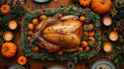 Sticker -  a turkey sitting on a platter surrounded by oranges, pine cones, and other holiday decorations and candles.