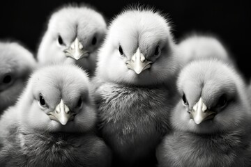 Wall Mural - A black and white photo capturing a group of adorable baby birds. Perfect for nature lovers and bird enthusiasts