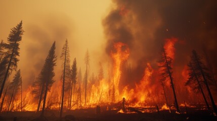 Wall Mural - A man bravely stands in front of a raging forest fire. This image captures the intensity and danger of wildfires. Perfect for illustrating the impact of climate change or the bravery of firefighters