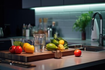 Poster - A kitchen counter topped with a cutting board filled with an assortment of fresh and colorful fruits and vegetables. Perfect for healthy eating and cooking concepts
