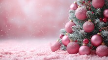  A Close Up Of A Christmas Tree With Pink Baubles On It's Branches And Snow Flakes On The Ground.