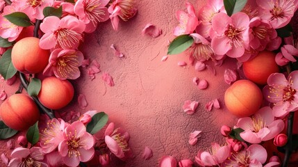  a close up of a bunch of flowers on a pink wall with oranges in the middle of the frame.