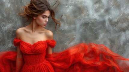 Sticker -  a woman in a red dress is standing in front of a gray wall with a flowing red dress on it.