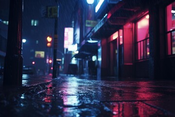 Poster - A wet sidewalk illuminated by streetlights in the rain at night. Suitable for urban landscape, rainy day, or cityscape themes