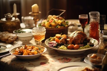 Aufkleber - A table filled with plates of food and glasses of wine. Suitable for various dining and celebration concepts