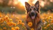  a close up of a dog in a field of flowers with the sun in the background and a dog in the foreground.
