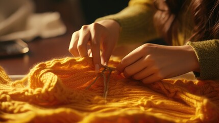 Poster - A close-up shot of a person cutting a piece of yarn. Perfect for crafts and DIY projects