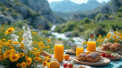 Canvas Print -  a table with orange juice, croissants, orange juice, and croissants on it.