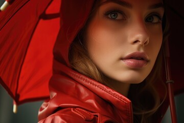 Aufkleber - A woman wearing a red raincoat holding a red umbrella. This image can be used to depict rainy weather or protection from the rain