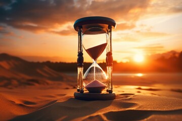 Aufkleber - An hourglass sitting on top of a sandy beach. Perfect for time-related concepts or beach-themed designs