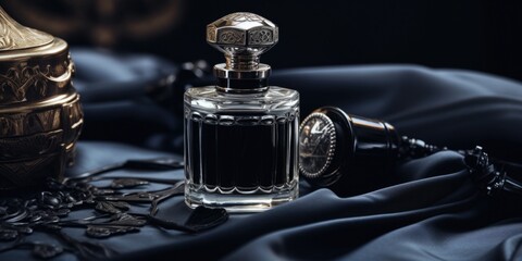 Poster - A bottle of perfume placed on a vibrant blue cloth. Versatile image suitable for various uses