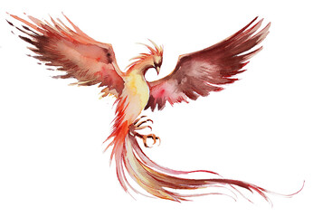 Phoenix watercolor painting. Magical creature watercolor artwork. Phoenix illustration. Wizard's world concept. Fantasy themed clipart isolated on a white background.