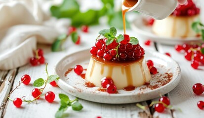 Wall Mural - Closeup of woman drizzling caramel onto pudding with red currants and mint on white wooden table