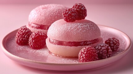  raspberry dessert on a pink plate with raspberries on the bottom of the plate and on the bottom of the plate is raspberries on the bottom of the plate.