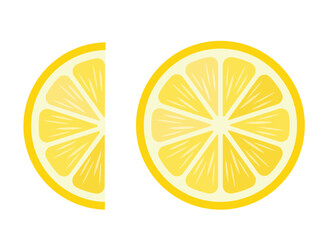 Wall Mural - Fresh yellow round and half slices of lemon fruit. Organic fruit lemon pieces for lemonade juice or vitamin C healthy food. Vector icon illustration isolated on white background.