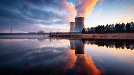 Nuclear power plant at sunset with reflection
