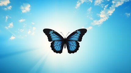 Flying butterfly silhouette on blue sky backdrop generative ai