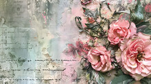 Vintage Floral Collage Art, Pink And Green, For Journaling