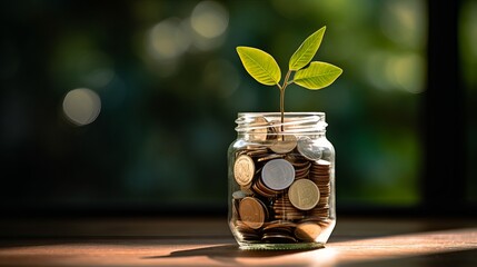 Green economy jar with money and growing plant