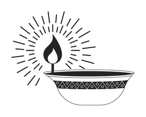 Poster - Indian diwali diya oil lamp black and white 2D line cartoon object. Hinduism auspicious custom isolated vector outline item. Festival of lights hindu festival monochromatic flat spot illustration