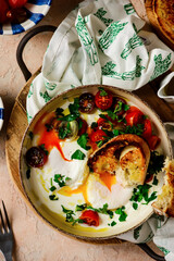 Canvas Print - Turkish eggs. cilbir.traditional breakfast dish. selective focus. hugge style