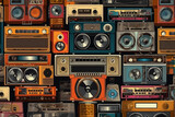 Fototapeta  - Seamless pattern with retro music audio tech electronics in pop art style