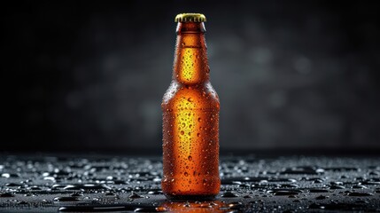 Sticker -  a close up of a beer bottle on a wet surface with drops of water on the floor and in the background is a dark background with only one bottle left.