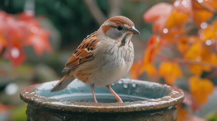 Sticker -  a bird sitting on top of a bird bath in a birdbath with water running down the side of it and a tree with orange leaves in the background.