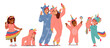 © Anna Syvak - Adorable Kids Characters Don Whimsical Unicorn-themed Outfits And Kigurumi Pajamas, Cartoon People Vector Illustration