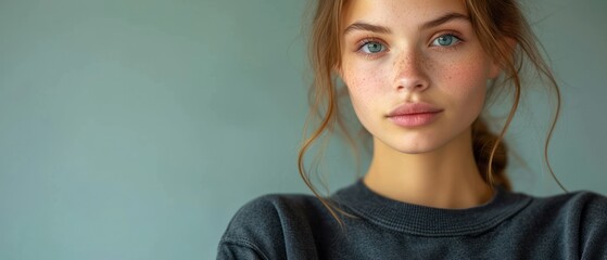  a close up of a woman's face with frecks on her hair and a sweater on her shoulders and a blue wall behind her head and a light blue background.