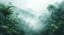  A Painting Of A Jungle With Palm Trees In The Foreground And A Foggy Sky In The Background, With A River Running Through The Middle Of The Jungle.