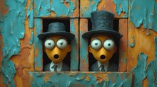  Two Puppets Of A Man In A Top Hat And Tie Are Sticking Their Heads Out Of The Window Of A Rusted Blue And Yellow Door With Peeling Paint Peeling Paint.