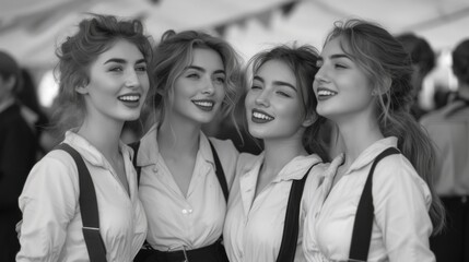Wall Mural -  a group of young women standing next to each other in front of a group of other women wearing white shirts and suspenders and black and white collared shirts.