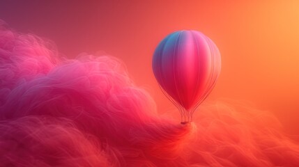 Canvas Print -  a hot air balloon flying through the air in a pink and red cloud filled sky with a bright orange and blue sky in the background and a red and pink hued.