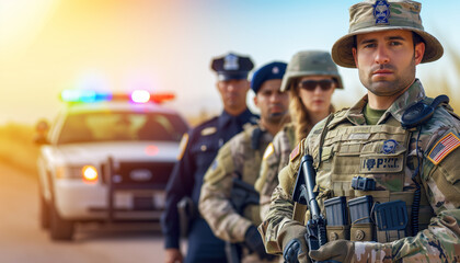 texas national guard. portrait of a border patrol agent and a texas trooper and a police officer sta