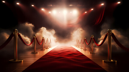 Red carpet on the stairs on dark background, the way to glory, victory and success